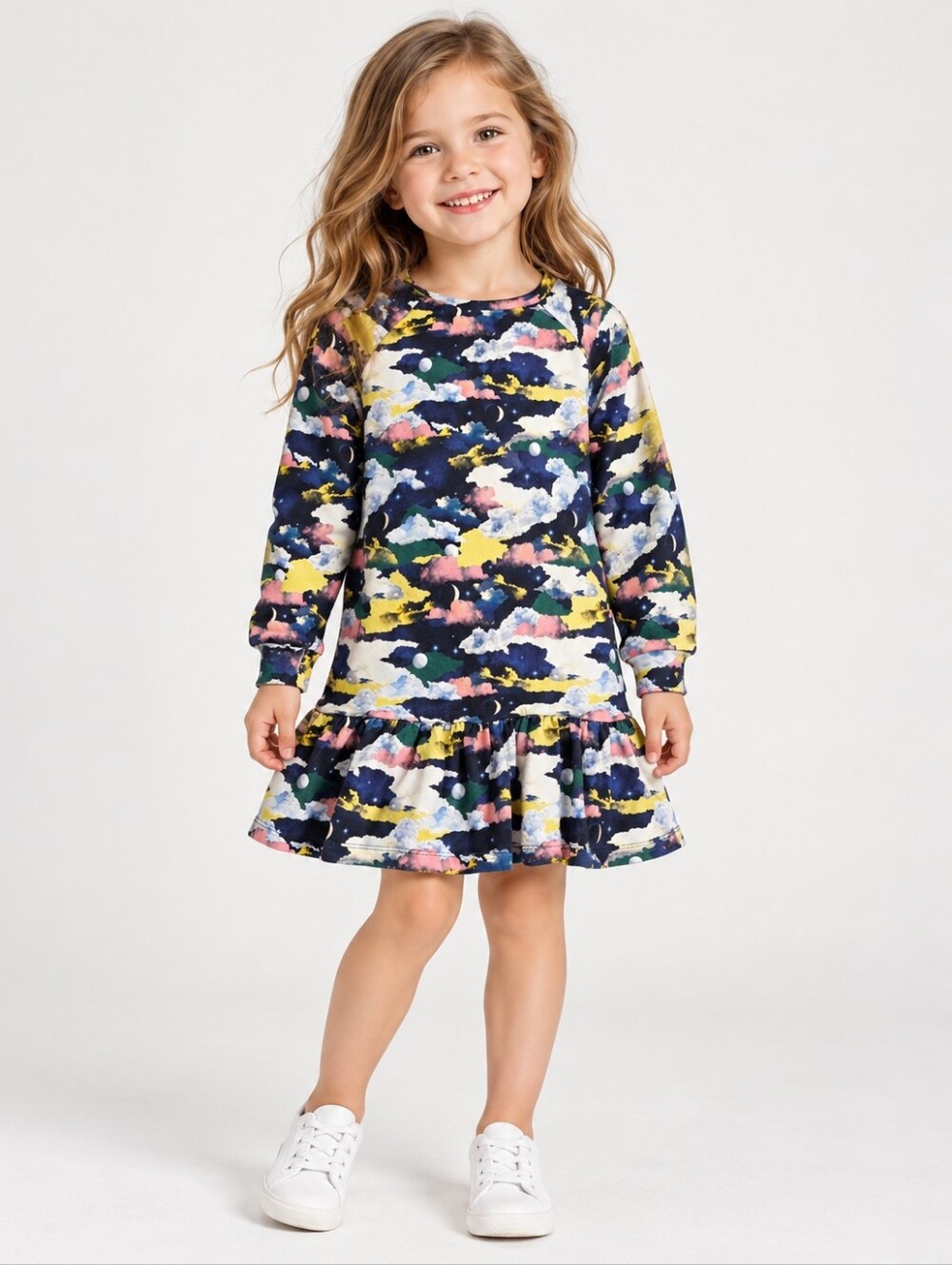 Molo Girls Long Sleeve Cloud Moon Star Print Cotton Dress